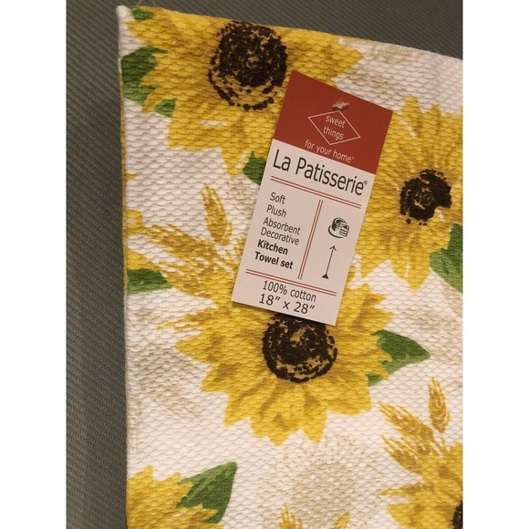 La Patisserie Kitchen Towels Sunflowers Yellow Green White Farmhouse FLAW* New - Picture 2 of 5